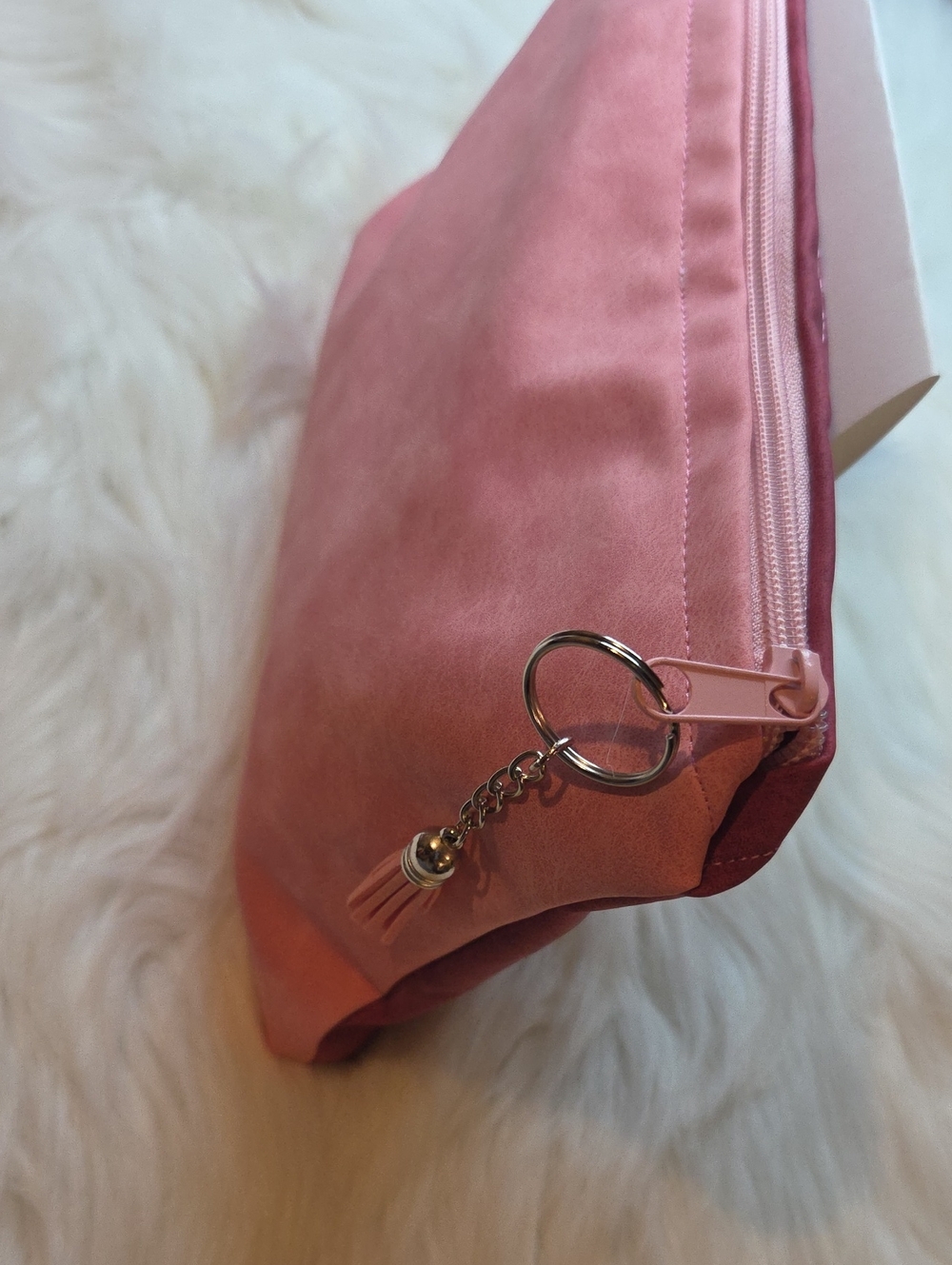 Pink Faux Suede Zip Pouch. Color Block: Pink & Wine.